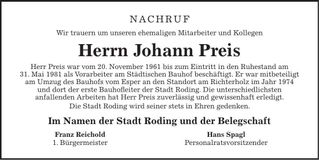 Traueranzeige Johann Preis