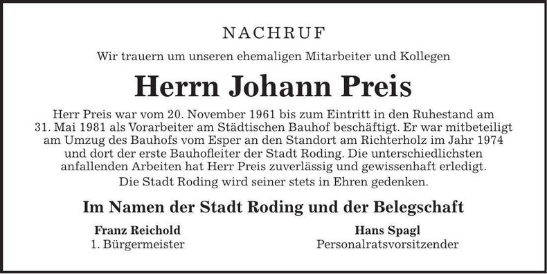 Traueranzeige Johann Preis