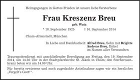 Traueranzeige Kreszenz Breu