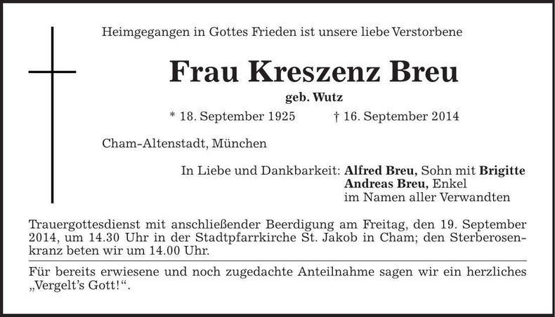 Traueranzeige Kreszenz Breu