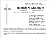 Traueranzeige Hannelore Kieslinger