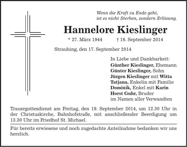 Traueranzeige Hannelore Kieslinger