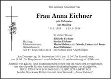 Traueranzeige Anna Eichner