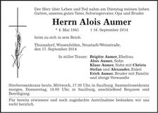 Traueranzeige Alois Aumer