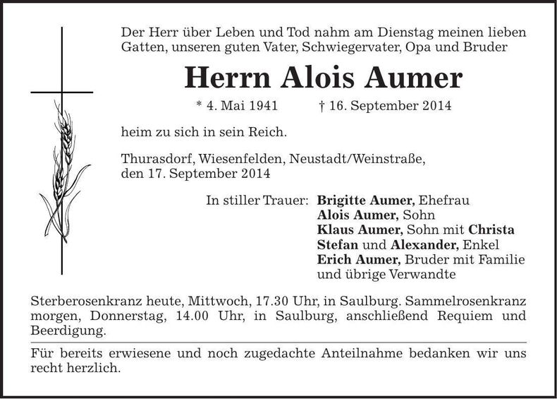 Traueranzeige Alois Aumer