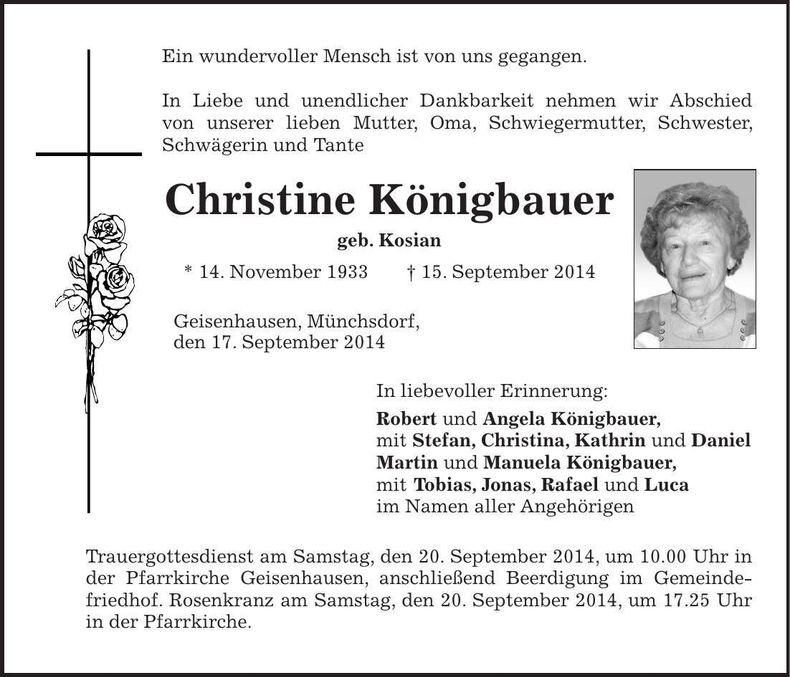 Traueranzeige Christine Königbauer