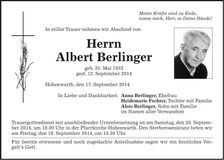 Traueranzeige Albert Berlinger