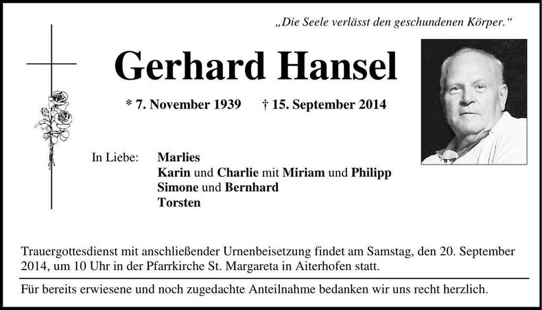 Traueranzeige Gerhard Hansel