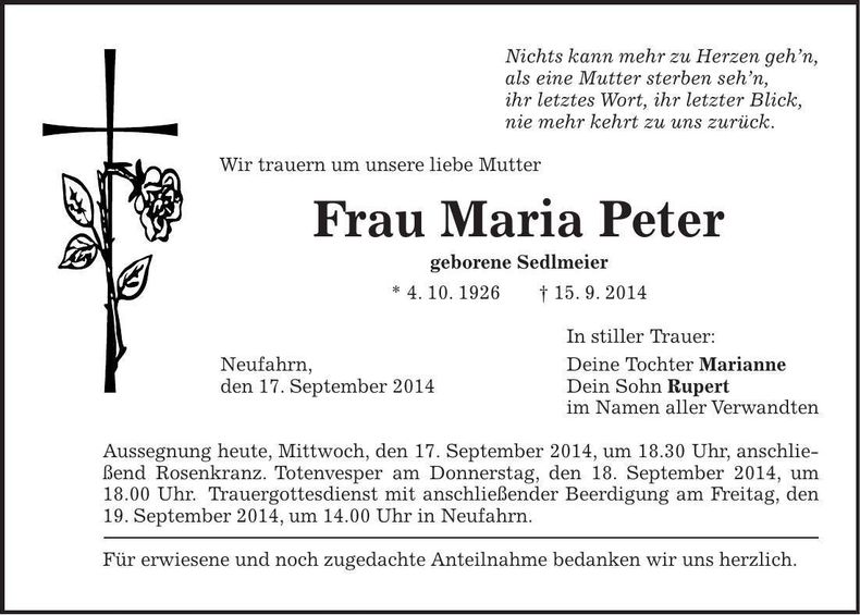Traueranzeige Maria Peter