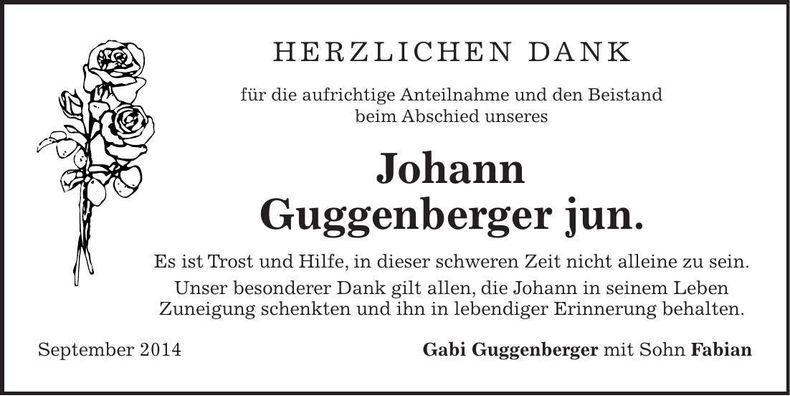 Traueranzeige Johann Guggenberger jun.