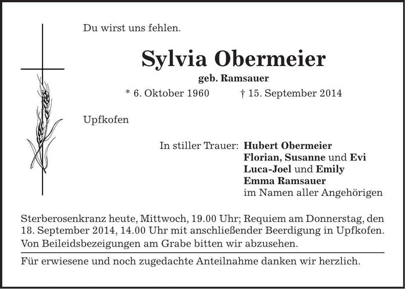 Traueranzeige Sylvia Obermeier