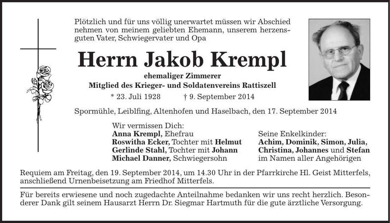 Traueranzeige Jakob Krempl
