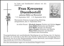 Traueranzeige Kreszenz Duenbostell