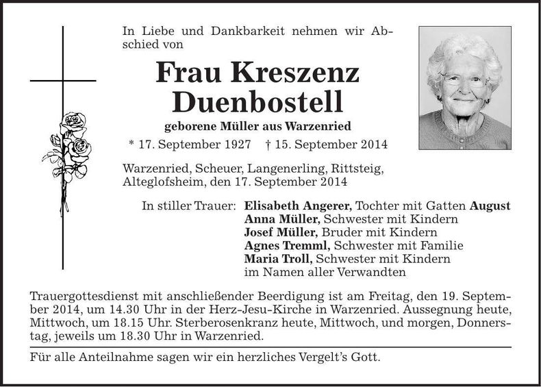 Traueranzeige Kreszenz Duenbostell