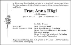 Traueranzeige Anna Högl