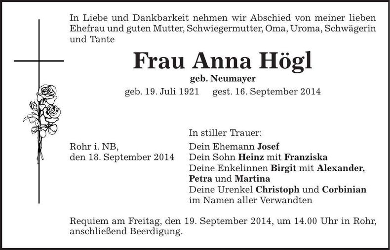 Traueranzeige Anna Högl