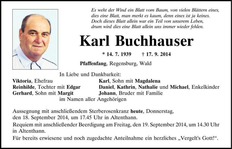 Traueranzeige Karl Buchhauser