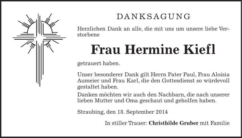 Traueranzeige Hermine Kiefl