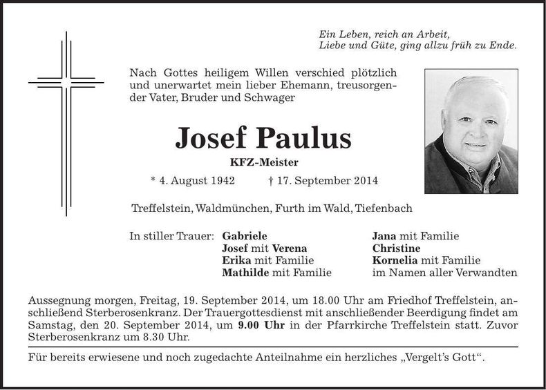 Traueranzeige Josef Paulus