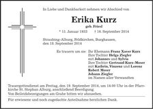 Traueranzeige Erika Kurz