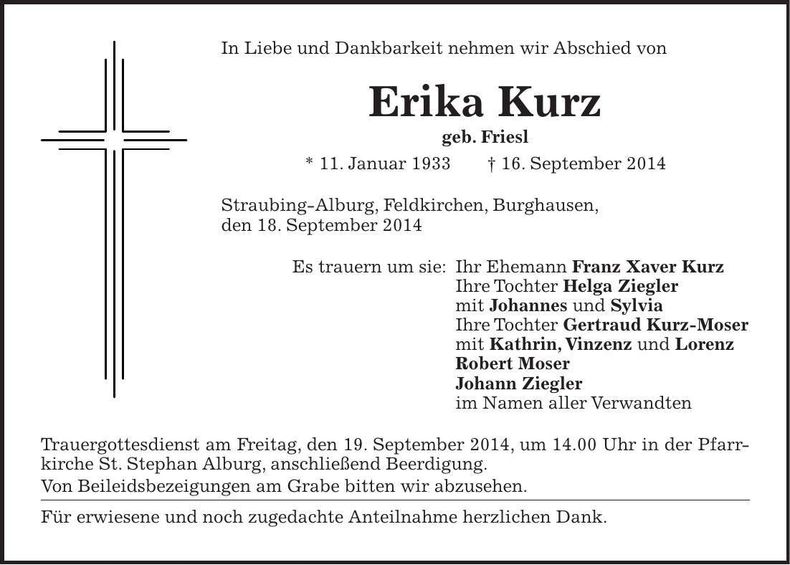 Traueranzeige Erika Kurz