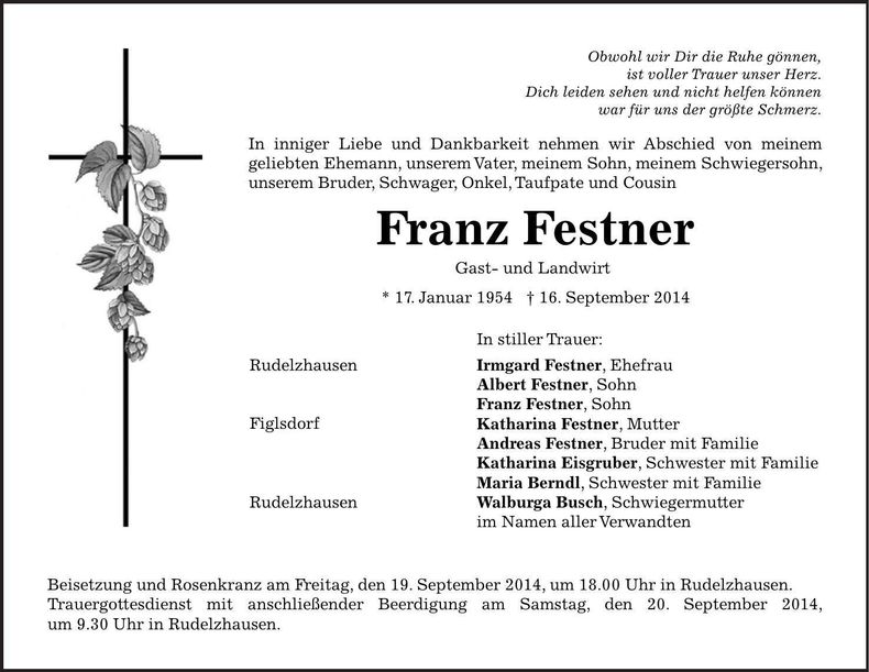 Traueranzeige Franz Festner