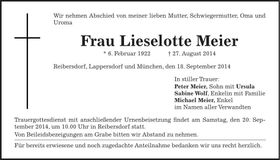 Traueranzeige Lieselotte Meier