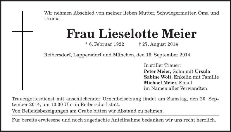Traueranzeige Lieselotte Meier