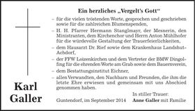 Traueranzeige Karl Galler