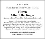 Traueranzeige Albert Berlinger