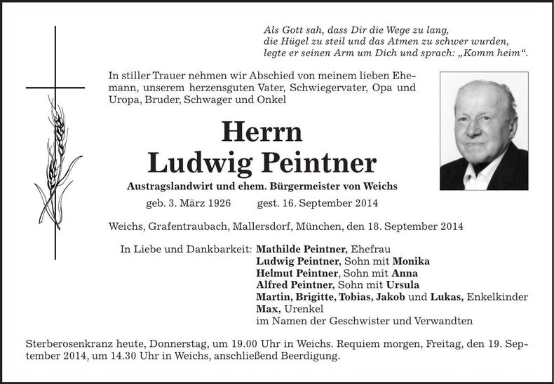 Traueranzeige Ludwig Peintner