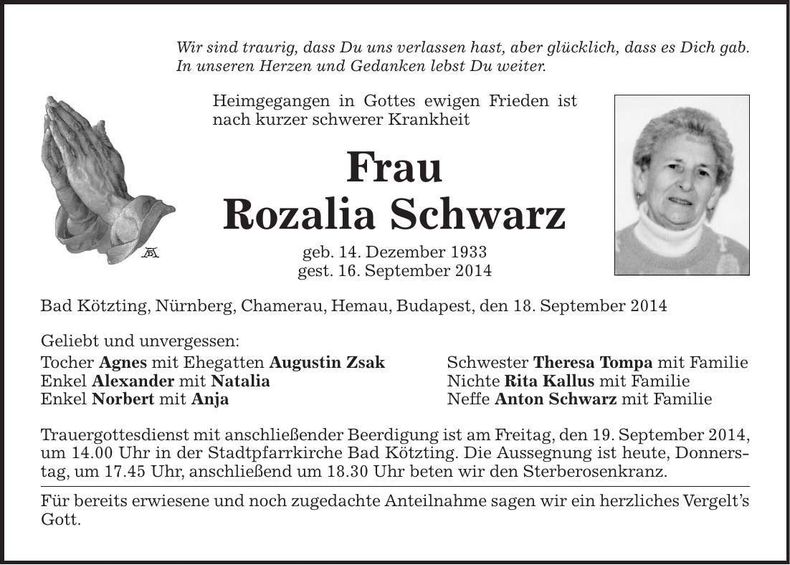 Traueranzeige Rozalia Schwarz