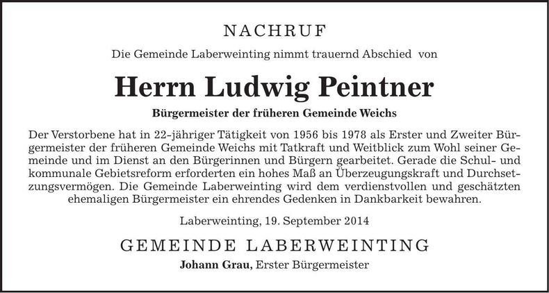 Traueranzeige Ludwig Peintner