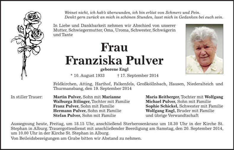 Traueranzeige Franziska Pulver