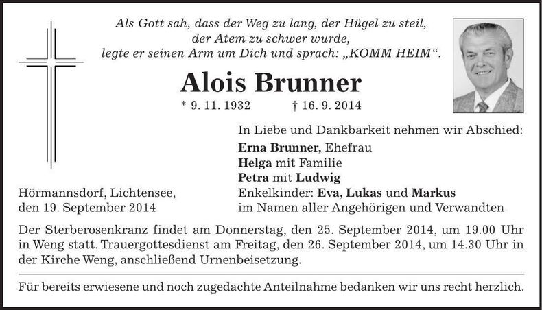 Traueranzeige Alois Brunner