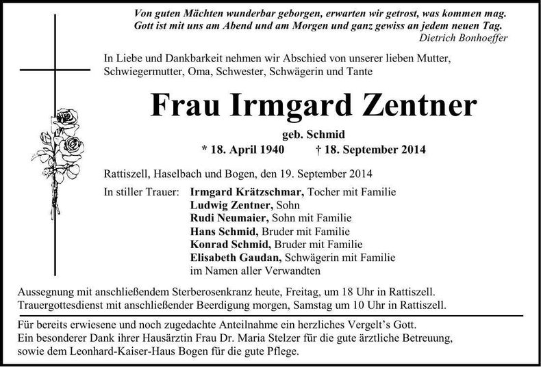 Traueranzeige Irmgard Zentner