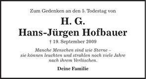 Traueranzeige Hans-Jürgen Hofbauer