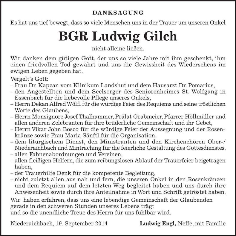 Traueranzeige Ludwig Gilch