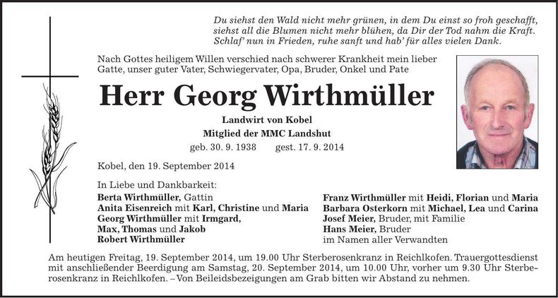 Traueranzeige Georg Wirthmüller