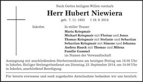 Traueranzeige Niewiera Hubert