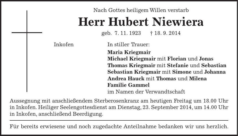 Traueranzeige Niewiera Hubert