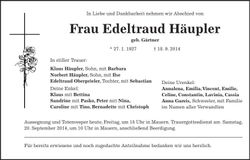Traueranzeige Edeltraud Häupler