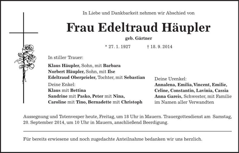 Traueranzeige Edeltraud Häupler