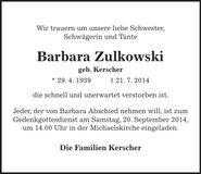 Traueranzeige Barbara Zulkowski