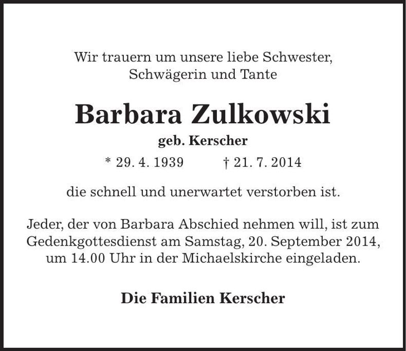 Traueranzeige Barbara Zulkowski