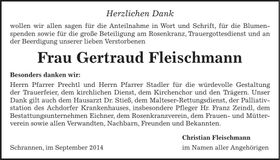 Traueranzeige Gertraud Fleischmann
