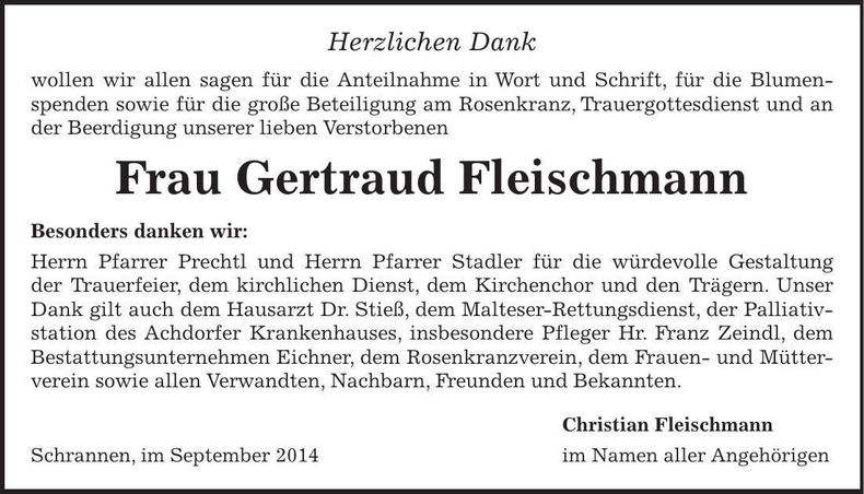 Traueranzeige Gertraud Fleischmann