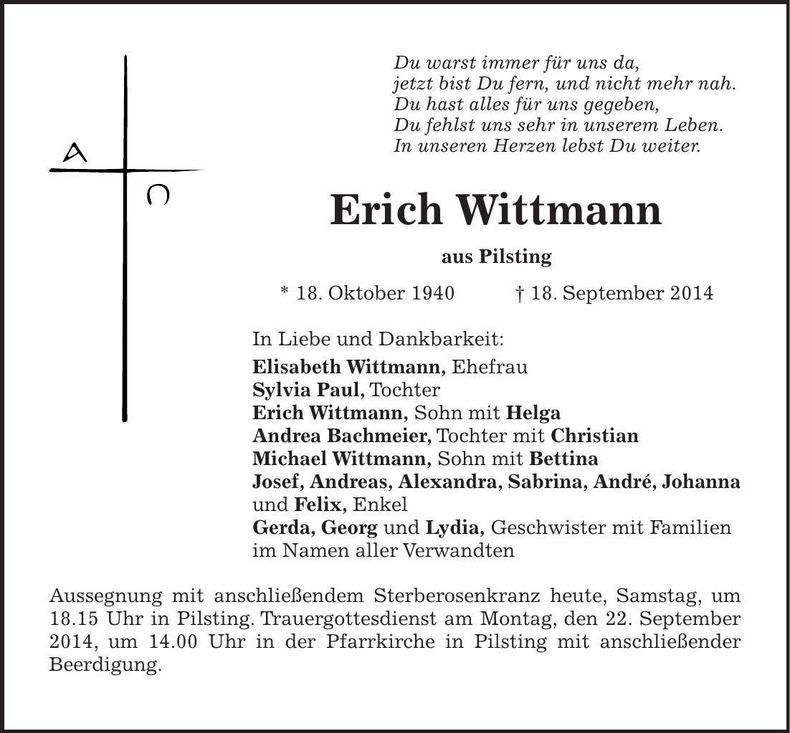 Traueranzeige Erich Wittmann