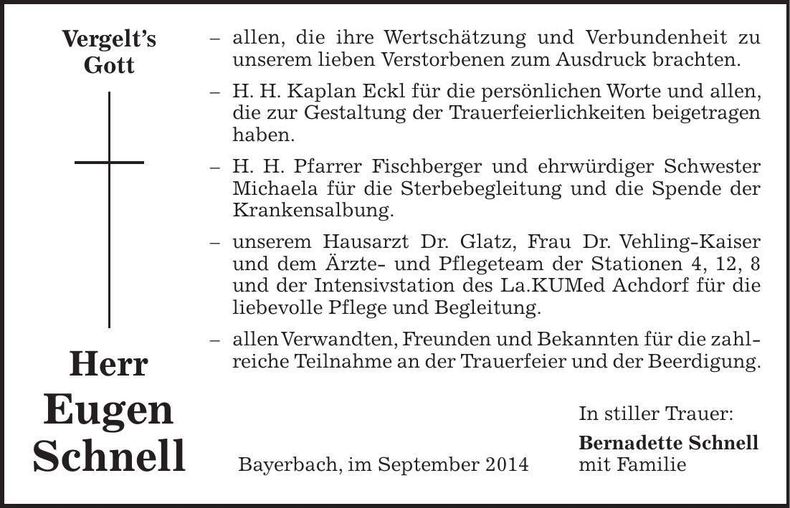 Traueranzeige Eugen Schnell
