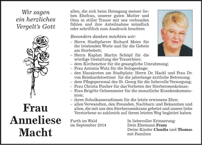 Traueranzeige Anneliese Macht